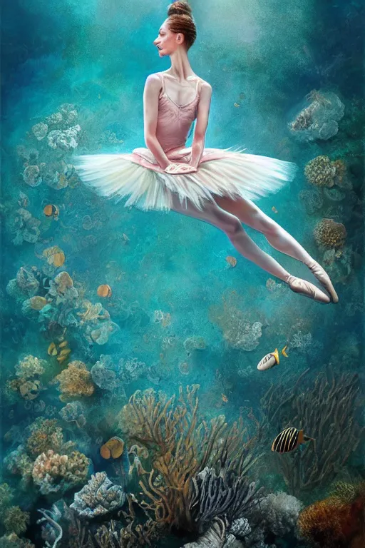 Image similar to ballerina alone at the bottom of the great barrier reef by jaques cousteau, digital art, smooth, focus, highly detailed, hyper realistic, intricate, concept art, art by wlop