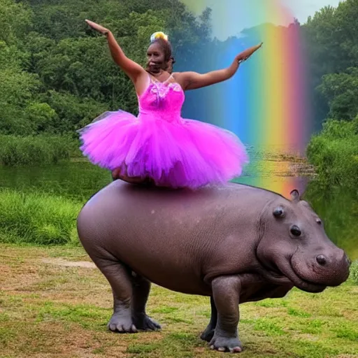 Prompt: photo of an hippo wearing a tutu under a rainbow