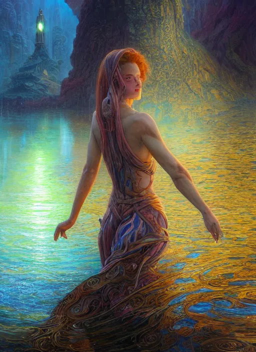 Prompt: beautiful glowing woman walking over water, a giant ark behind her, extremly detailed digital painting, vibrant colors, in the style of donato giancola and tomasz alen kopera and fenghua zhong and peter mohrbacher, mystical colors, rim light, beautiful lighting, 8 k, stunning scene, raytracing, octane, trending on artstation