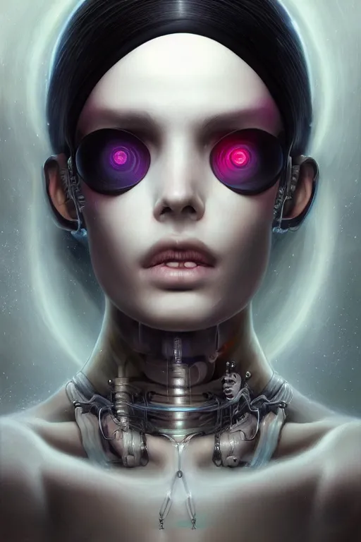 Prompt: a beautiful portrait of a cyberpunk female, detailed, realistic eyes, symmetry body features proportions, bioluminescence, award winning, by Tom Bagshaw