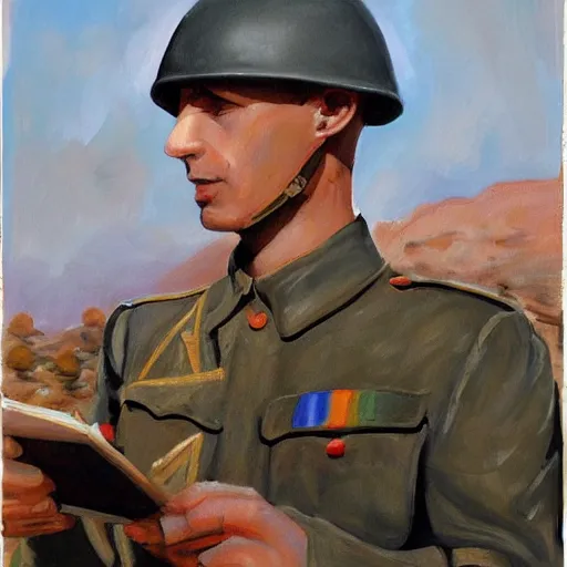 Image similar to medium shot painting of an italian soldier texting a letter to his beloved in wwII, behind him the desert of El Alamein