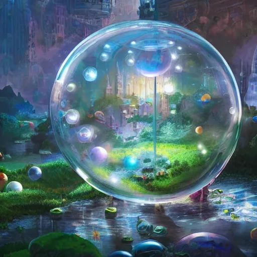 Image similar to a bubble terrarium utopia, with cities galore, dynamic lighting, fantasy concept art, trending on art station, stunning visuals, creative, cinematic, ultra detailed