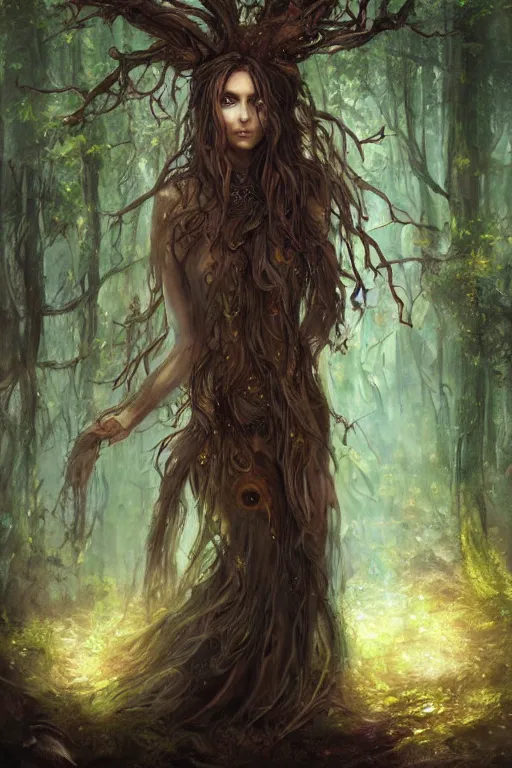Image similar to portrait of a dryad, fantasy painting, dryad priestess inspired by brian froud, inspired by dungeons and dragons, mysterious, in an evening autumn forest, trending on art station, sunset evening lighting, ominous shadows by jessica rossier