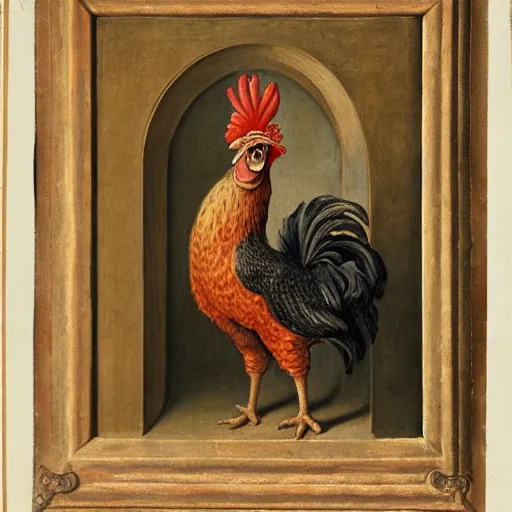 Image similar to a renaissance style portrait of a rooster (Gallus domesticus) wearing a crown and a cape, dark background