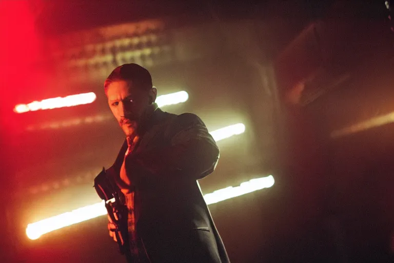 Image similar to film still of Tom Hardy as Max Payne in a nightclub with bright contrasting strobe lights in the Max Payne movie, 4k