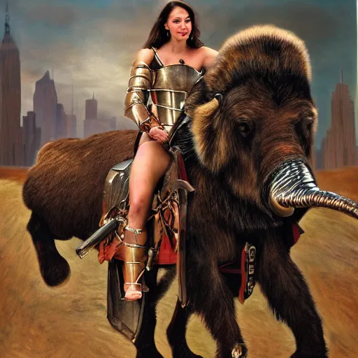 Image similar to beautiful brunette woman, wearing battle armor, riding woolly mammoth through new york city, photorealism, by richard estes and chuck close and ralph goings and charled bell.