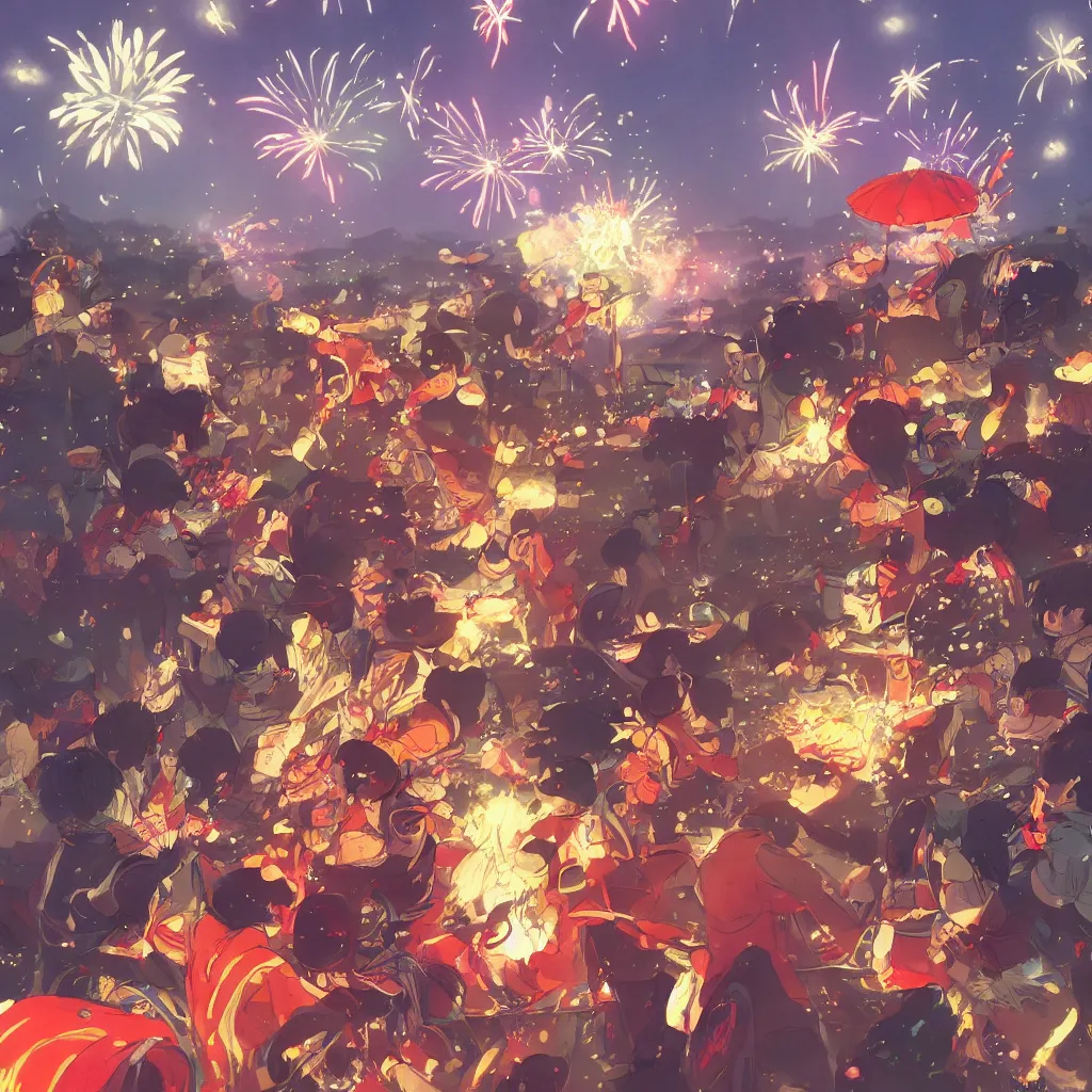 Prompt: A group of children playing at the Spring Festival rally, fireworks in the distance, very joyful, Chinese style, Spring Festival, fine, high picture quality, by Makoto Shinkai