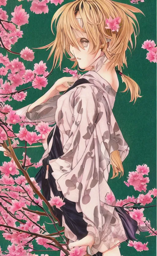 Prompt: by akio watanabe, manga art, realistic anatomy, a blondee girl and blossoming sakura petals, trading card front, kimono, sun in the background