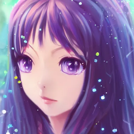 Image similar to 3d portrait of an adorable anime girl with long hair, looking partly to the left, blue shining eyes, light makeup, light pink lipstick, purple eyeliner, bokeh effect with forest background, 4k, highly detailed, anime art style, soft brushes