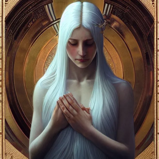 Prompt: goddess, white hair, long hair, praying, folded hands, closed eyes, serious face, full body, artstation, highly detailed, georgeus, ethereal, halo in the background, by artgerm and alphonse mucha and greg rutkowski