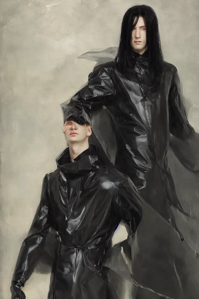 Image similar to a man with pale skin and long-black hair, latex suit and raincoat, in the style of ruan jia