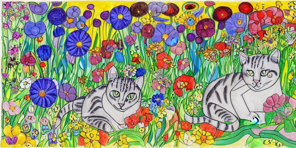 Image similar to cat playing in a garden of flowers, a mix media painting by laurel burch and Leonardo da Vinci and Natalia Goncharova, cluttered , child's drawing, art by Studio Ghibli, anime, thick black lineart