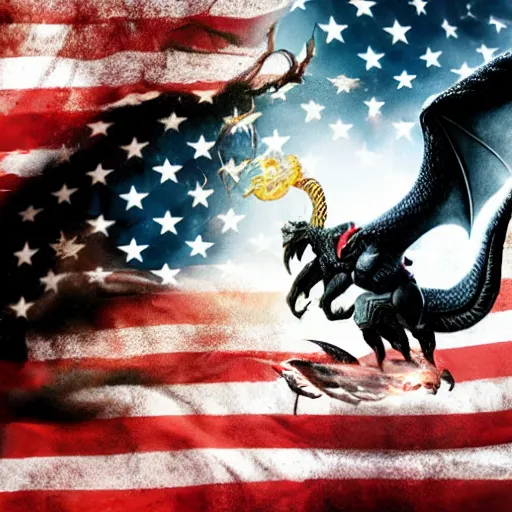 Prompt: a photo of thor with the hammer riding a black dragon while being penetrated by a hen in the mouth, american flag in the background, raytracing, fantasy, soft colors