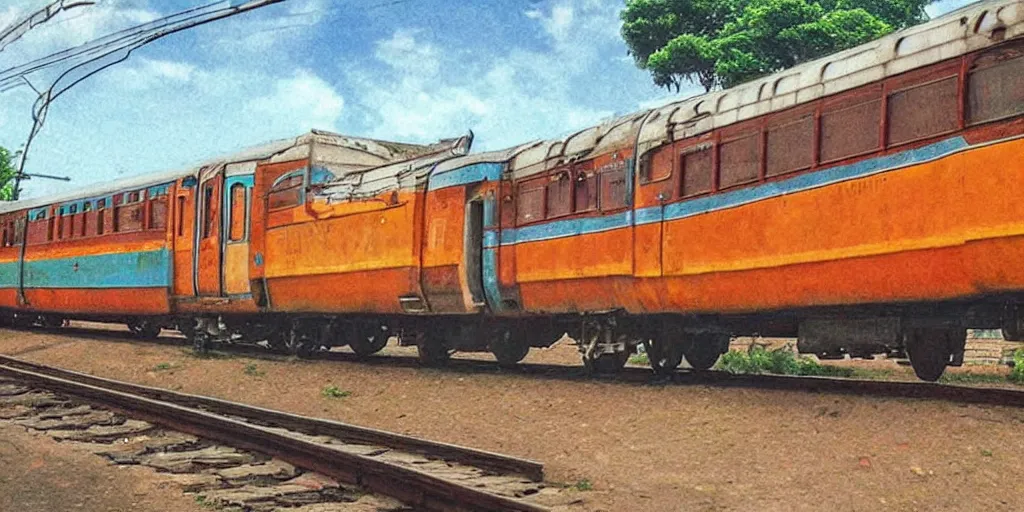 Prompt: sri lankan train, drawn by hayao miyazaki