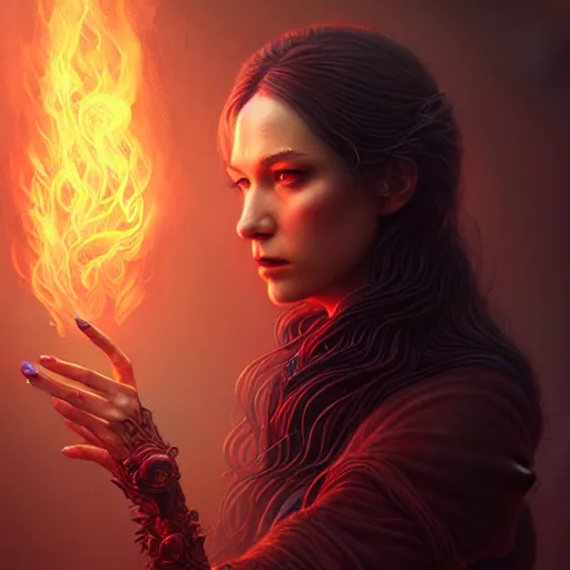 Image similar to Magician, female, fantasy, flames, rain, intricate, elegant, highly detailed, digital painting, artstation, concept art, smooth, sharp focus, illustration, octane render, art by Leesha Hannigan, Ross Tran, Thierry Doizon, Kai Carpenter, Ignacio Fernández Ríos
