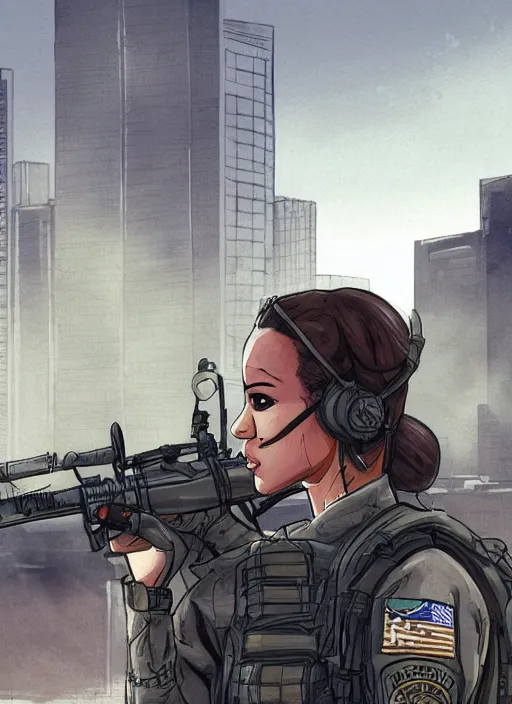 Prompt: Dinah. USN special forces operator looking at city skyline. mgs and rb6s Concept art by Matt Rhodes.