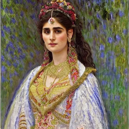 Image similar to full body portrait of a beautiful Kurdish bride wearing a beautiful wedding dress, very detailed eyes, hyperrealistic, beautiful and symmetrical face, very detailed painting by Claude Monet and Alphonse Mucha, trending on artstation, extremely high detail, incredibly intricate