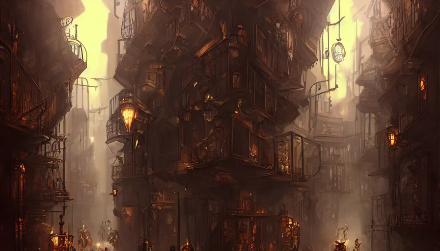 Image similar to a busy steampunk alleyway by alex flores, trending on artstation, digital art, fantasy, steampunk