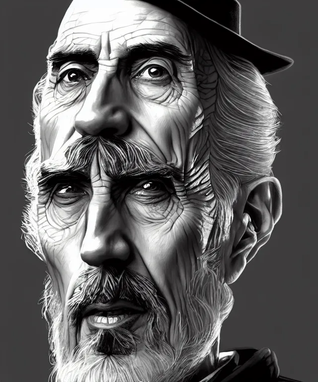 Prompt: portrait christopher lee as saruman as walter white in a porkpie hat, caricature, headshot, highly detailed, digital painting, artstation, concept art, sharp focus, cinematic lighting, illustration, art by met mangindaan, artgerm and greg rutkowski, alphonse mucha, cgsociety