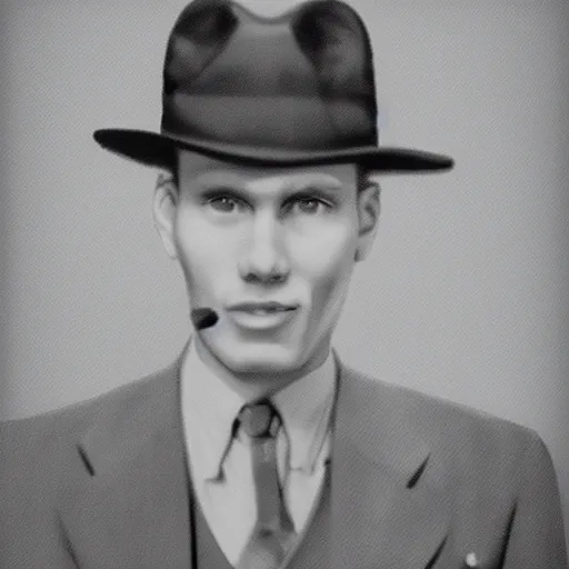 Image similar to A photograph portrait of Jerma985 wearing a suit with and fedora in the 1940s, taken in the early 1940s, grainy, taken on a 940s Kodak Camera, realistic, hyperrealistic, very realistic, highly detailed, very detailed, extremely detailed, detailed, digital art, trending on artstation