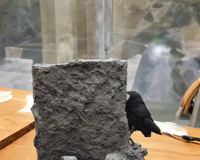Prompt: a rock table that's holding an ancient effigy of a raven, clay sculpture, photograph, zoomed out, trending on tumblr, history textbook