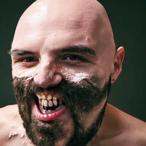 Prompt: close up photo of a fully clothed bald crimean man with yoghurt dripping from his face