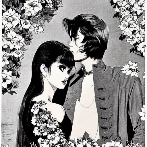 Image similar to 1 9 6 0 s symmetrical pretty elegant brigitte bardot as a vampire with alain delon, very detailed intricate style of takato yamamoto lots of flowers