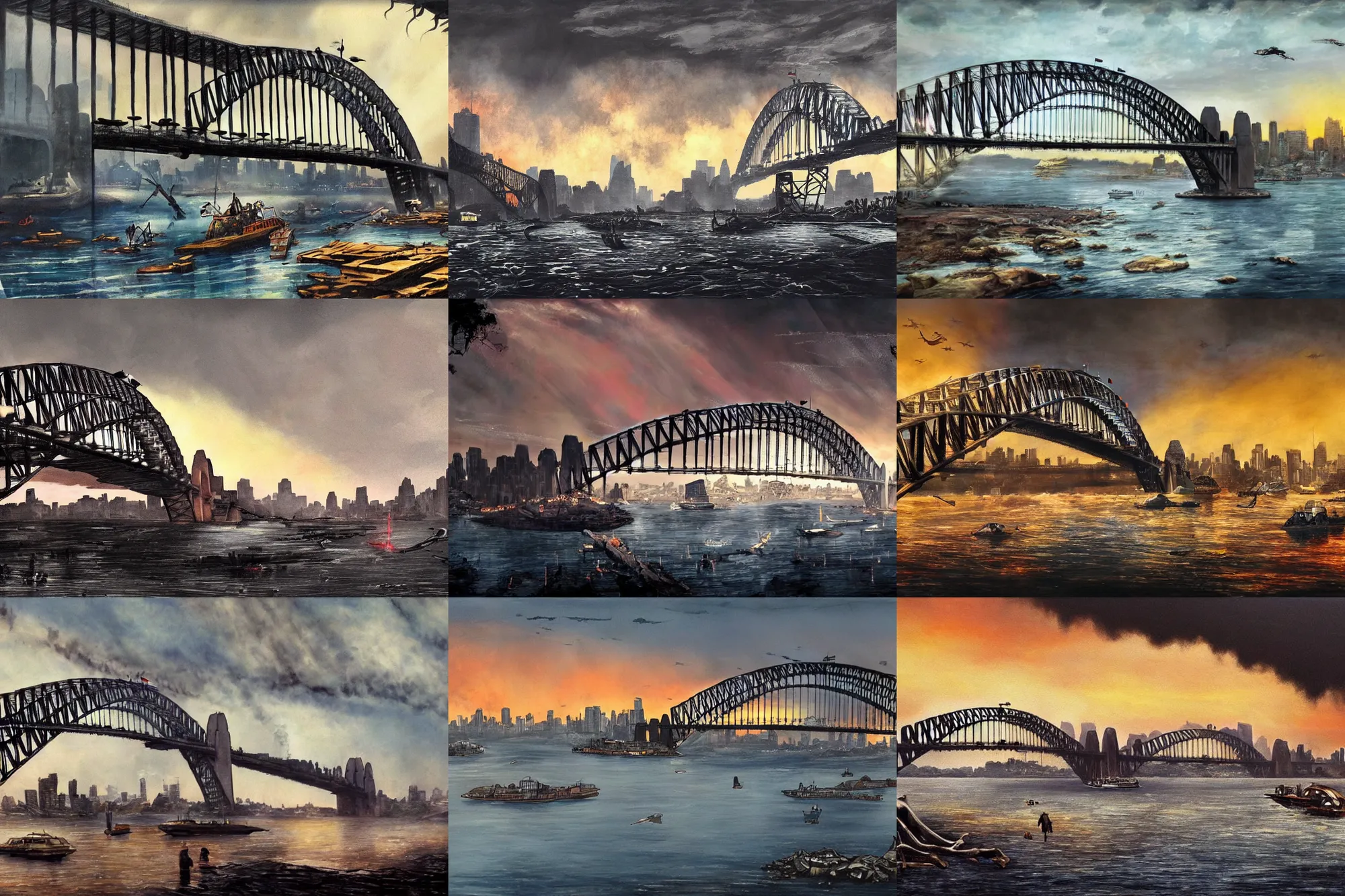 Prompt: sydney harbour bridge after the apocalypse, fires, scorched skies, debris in the water, skeletons on the ground, brilliant painting, matte painting, concept art