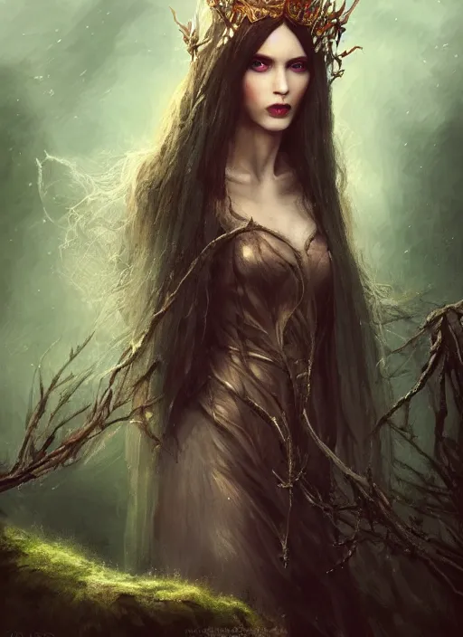 Prompt: pale, beautiful witch with long hair and a delicate crown, fantasy, medieval, vivid colors, fantasy, elegant, concept art, sharp focus, beautiful face!!, digital art, Hyper-realistic, 4K, Unreal Engine, Highly Detailed, HD, Dramatic Lighting by Brom, trending on Artstation