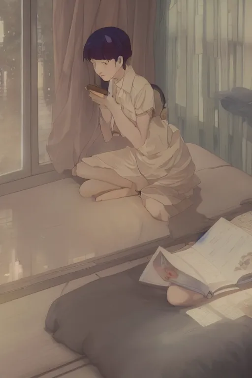 Image similar to a teenage girl with white short hair in a jk uniform outfit in the bedroom reading a book in a night, raining outside the window, grey and orange theme, by krenz cushart and mucha and akihito yoshida and greg rutkowski and makoto shinkai, 4 k resolution