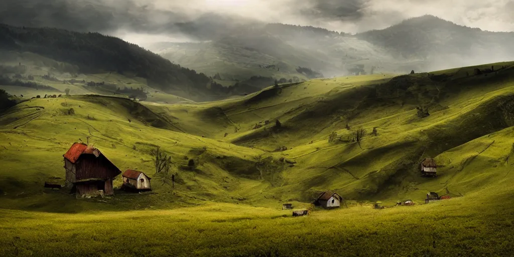 Prompt: rural romanian hills by andreas franke