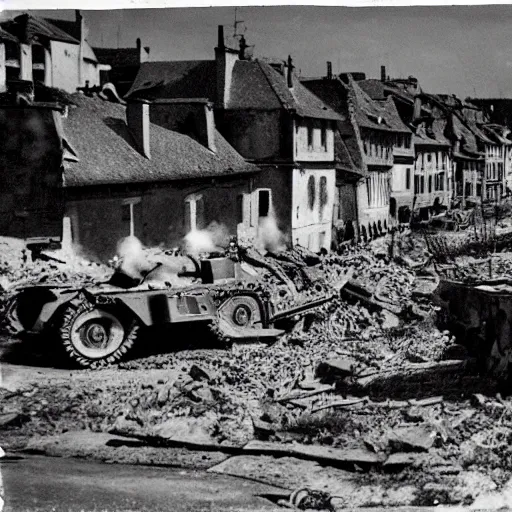Prompt: small french village bombed out, Nazi Tiger 1s driving into the town, black and white, film grain,