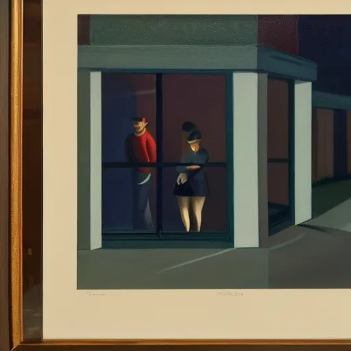 Image similar to a man spying on a couple that is arguing in the middle of the street at night, in the style of Edward Hopper, 4k,