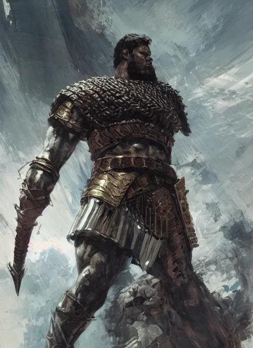 Image similar to ancient historically accurate depiction of the Bible Character Goliath of Gath, the Philistine warrior giant in ancient persian chainmail armor, dramatic lighting art by Yoji Shinkawa by Richard Schmid by greg rutkowski by Sandra Chevrier by Jeremy Lipking cinematic dramatic