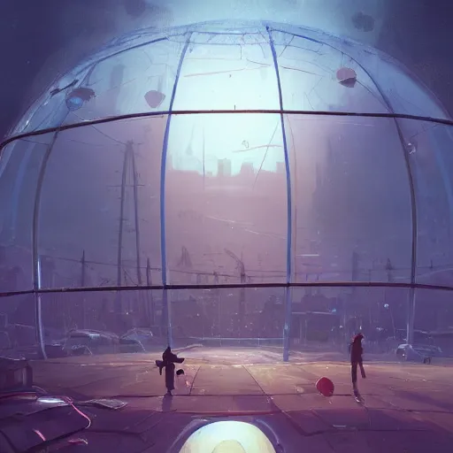 Prompt: A city trapped in a giant transparent dome, bubbles, cinematic lighting, insanely detailed, artstation, cgsociety, painted by Simon Stalenhag, concept art, illustration, sharp focus,