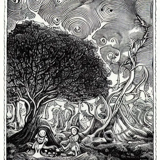 Image similar to 19th century wood-engraving , whole page illustration , art in the style of Terry Moore, a tiny village carved into the side of a tree, inhabited by elves and faeries, the outside lights are bioluminescent mushrooms and fungi intricately detailed