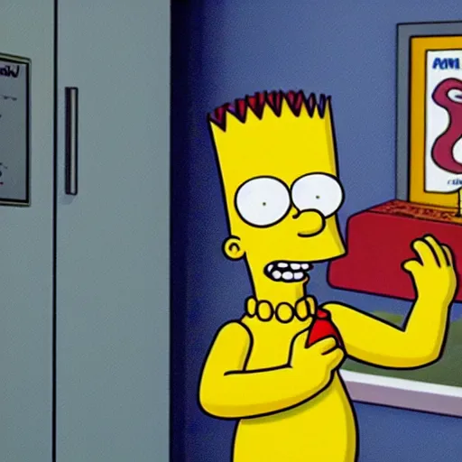 Image similar to bart simpson goes to college in the simpsons live action film, paramount pictures, directed by alan parker, full HD, cinematic lighting, award winning, anatomically correct