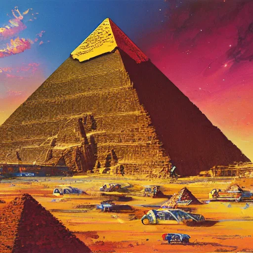 Image similar to Stunning painting of A Great Pyramid of the Future by John Berkey,concept art,Retro colour,hyper detailed,4K Resolution