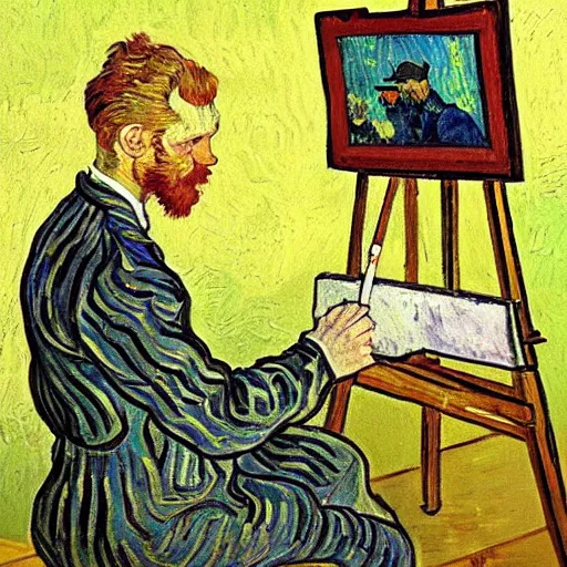 Prompt: a painting of van gogh painting himself while he paints himself painting