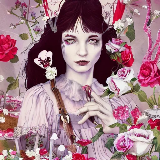 Image similar to Alice in Wonderland at the tea party, she looks like a mix of grimes, Aurora Aksnes and zoë Kravitz, sweet and innocent, surrounded by red and white roses, digital illustration, inspired by Aeon Flux, Japanese shoujo manga, and Alexander McQueen fashion, hyper detailed, dreamlike, incredibly ethereal, super photorealistic, iridescent colors, Tyndall effect, extremely fine inking lines