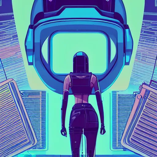 Image similar to a graph - style woman walking across a lush green field, a huge robot head in front of her, cyberpunk art by by james gilleard, cgsociety, retrofuturism, synthwave, retrowave, outrun