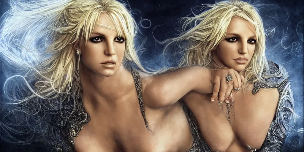 Prompt: Britney Spears as a beautiful blonde goddess, fantasy, portrait, sharp focus, intricate, elegant, illustration, ambient lighting, art by Luis Royo