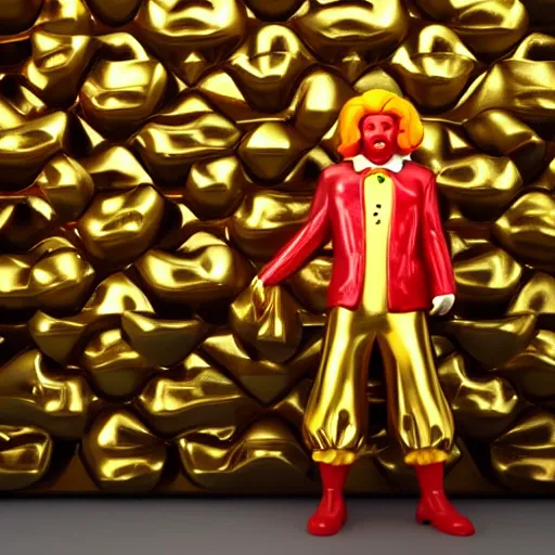 Image similar to a still of ronald mcdonald surrounded by gold and diamonds, award - winning, photograph, 3 d render, unreal engine, 4 k detailed