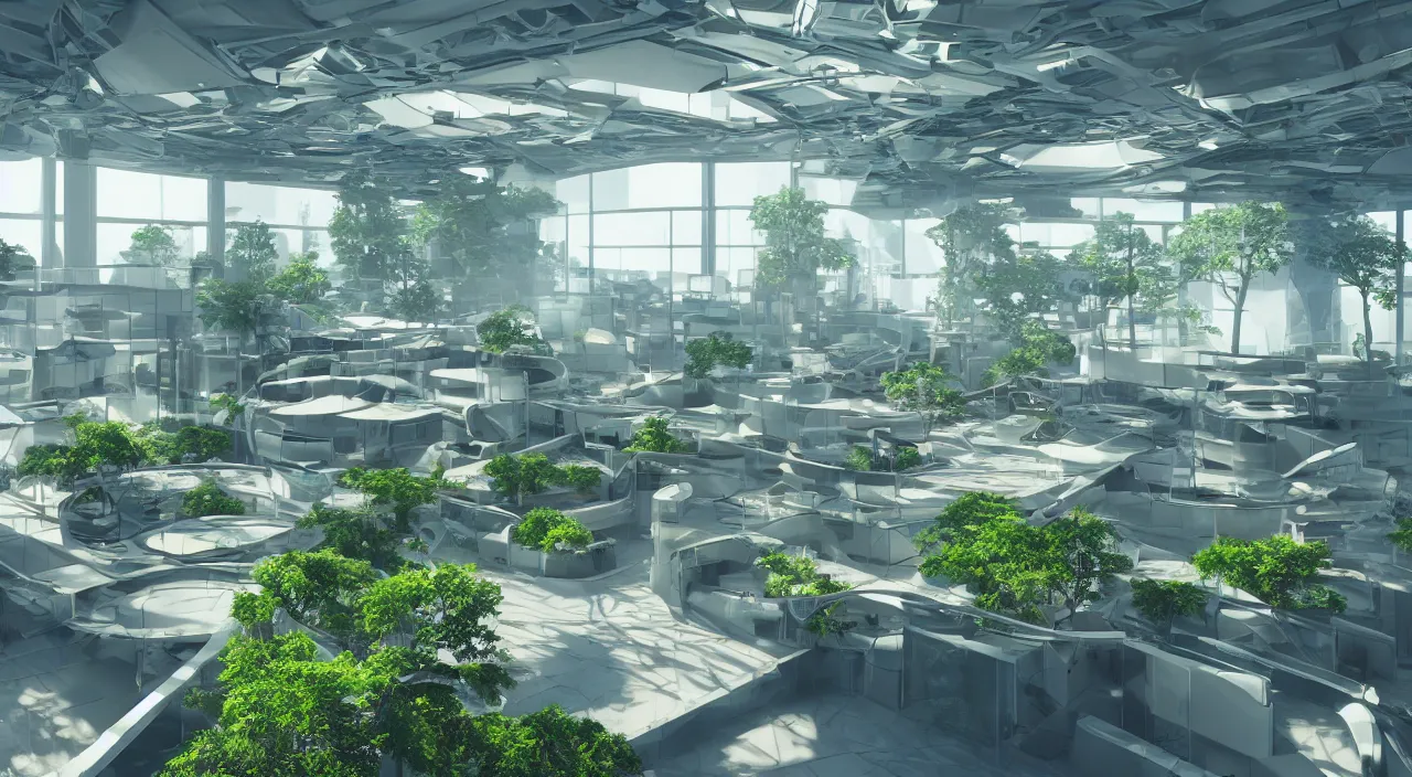 Prompt: futuristic office with parks and plants, glowing computer screens, bright with large windows and voluminous light and light rays, extremely intricate, very detailed, artstation, octane render, warm color highlights, cinematic lighting