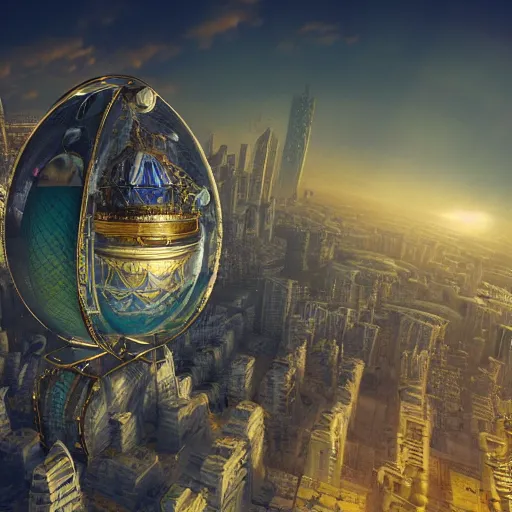 Image similar to enormous city in a faberge egg, sky, steampunk, fantasy art, masterpiece, octane render