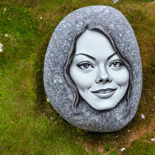 Prompt: big rock solid stone with the emerging face of emma stone buried inside the stone rock, realistic, fine details