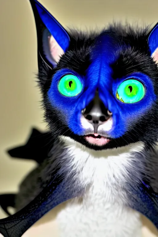 Image similar to a blue - and - black male catbat fursona with blue / green heterochromatic eyes ( differently - colored eyes, one green, one blue ) and huge bat ears, photo of the catbat streaming on his computer