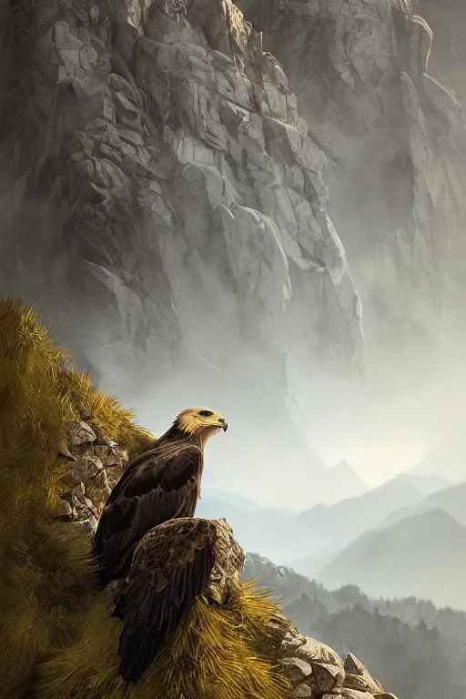 Prompt: portrait, golden eagle on his Nest in the mountains, face portrait, raphael lacoste, eddie mendoza, alex ross, concept art, matte painting, highly detailed, rule of thirds, dynamic lighting, cinematic, detailed, denoised, centerd