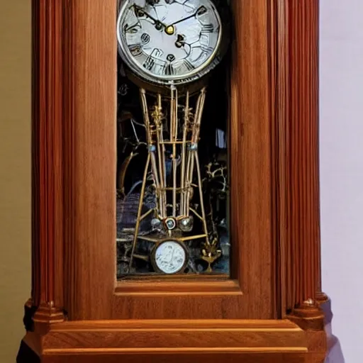 Image similar to photo of a grandfather clock with a human old-man head coming out of the front