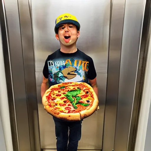 Prompt: a dinosaur with a pizza in an elevator